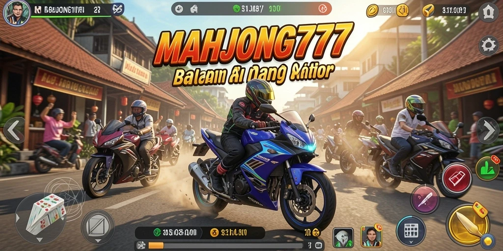 Screenshot gameplay MAHJONG777 menunjukkan aksi balapan yang mendebarkan.
