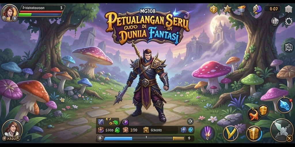 Screenshot gameplay MG108 menunjukkan pertarungan epik di dunia fantasi.